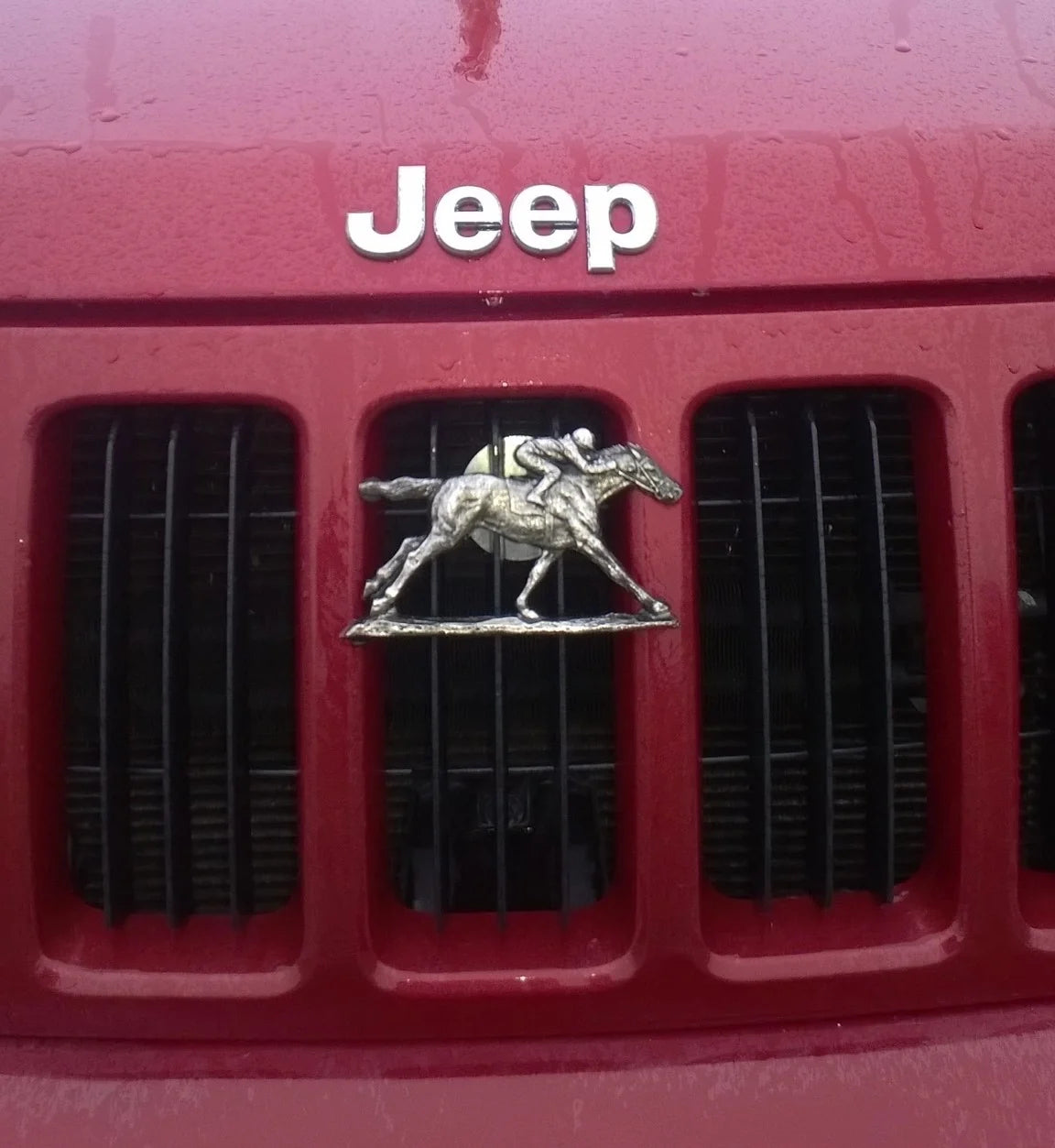 Racehorse Grillie on a red Jeep